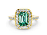 Yellow gold Emerald Cut Halo Diamond Ring with Pavé Band and Three-Prong Setting