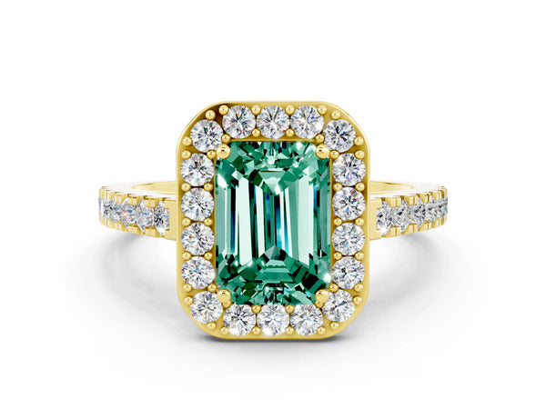 Yellow gold Emerald Cut Green Sapphire Halo Ring with Round Pavé Split Shank and Prong Setting