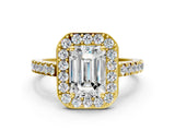 Yellow gold Emerald Cut Halo Diamond Ring with Pavé Band and Three-Prong Setting_12