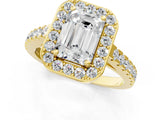Yellow gold Emerald Cut Halo Diamond Ring with Pavé Band and Three-Prong Setting_13