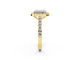 Yellow gold Emerald Cut Halo Diamond Ring with Pavé Band and Three-Prong Setting_14
