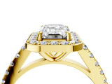 Yellow gold Emerald Cut Halo Diamond Ring with Pavé Band and Three-Prong Setting_16