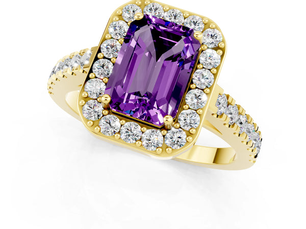 Yellow gold Emerald Cut Amethyst Halo Ring with Round Pavé Split Shank and Prong Setting
