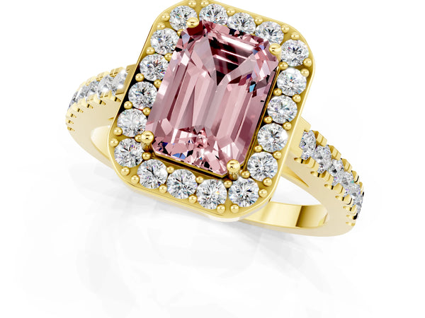 Yellow gold Emerald Cut Halo Diamond Ring with Pavé Band and Three-Prong Setting