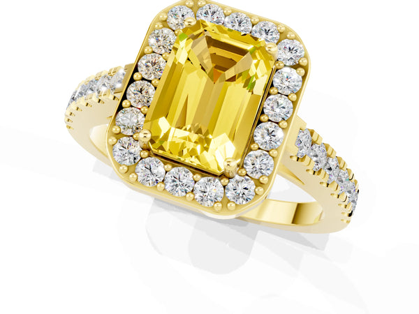 Yellow gold Emerald Cut Yellow Sapphire Halo Ring with Round Pavé Split Shank and Prong Setting