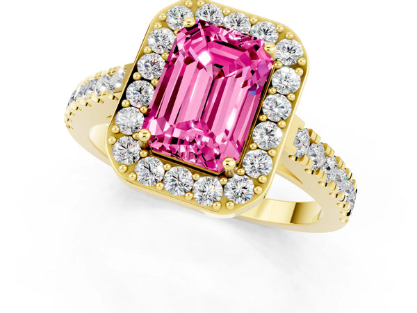 Yellow gold Emerald Cut Pink Sapphire Halo Ring with Round Pavé Split Shank and Prong Setting