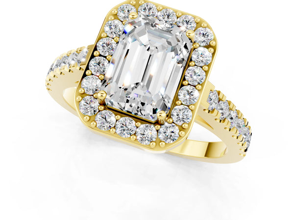 Yellow gold Emerald Cut Moissanite Halo Ring with Round Pavé Split Shank and Prong Setting