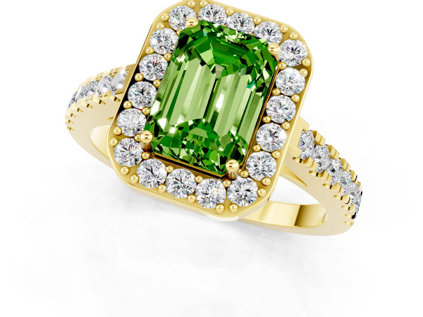 Yellow gold Emerald Cut Halo Diamond Ring with Pavé Band and Three-Prong Setting