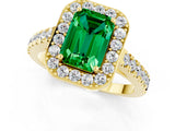 Yellow gold Emerald Cut Halo Diamond Ring with Pavé Band and Three-Prong Setting_1