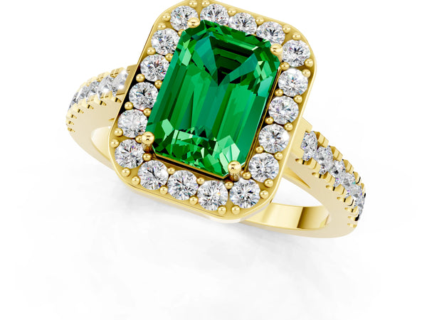 Yellow gold Emerald Cut Emerald Halo Ring with Round Pavé Split Shank and Prong Setting