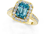 Yellow gold Emerald Cut Halo Diamond Ring with Pavé Band and Three-Prong Setting_1