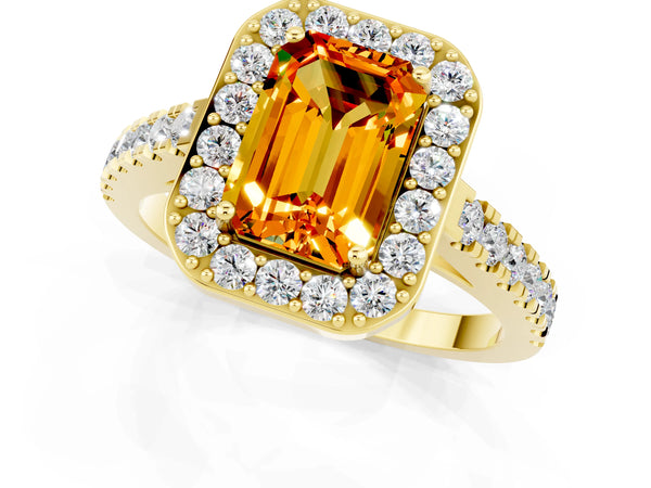 Yellow gold Emerald Cut Citrine Halo Ring with Round Pavé Split Shank and Prong Setting