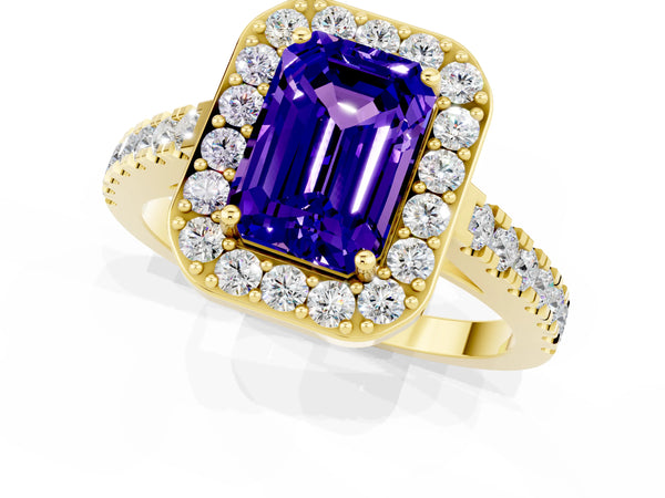 Yellow gold Emerald Cut Tanzanite Halo Ring with Round Pavé Split Shank and Prong Setting