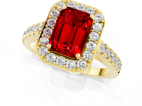 Yellow gold Emerald Cut Ruby Halo Ring with Round Pavé Split Shank and Prong Setting