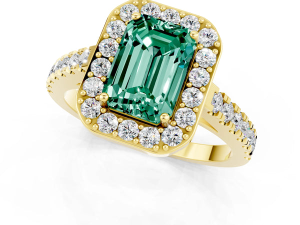 Yellow gold Emerald Cut Green Sapphire Halo Ring with Round Pavé Split Shank and Prong Setting
