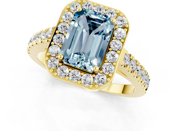 Yellow gold Emerald Cut Aquamarine Halo Ring with Round Pavé Split Shank and Prong Setting