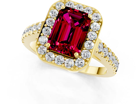 Yellow gold Emerald Cut Halo Diamond Ring with Pavé Band and Three-Prong Setting_1