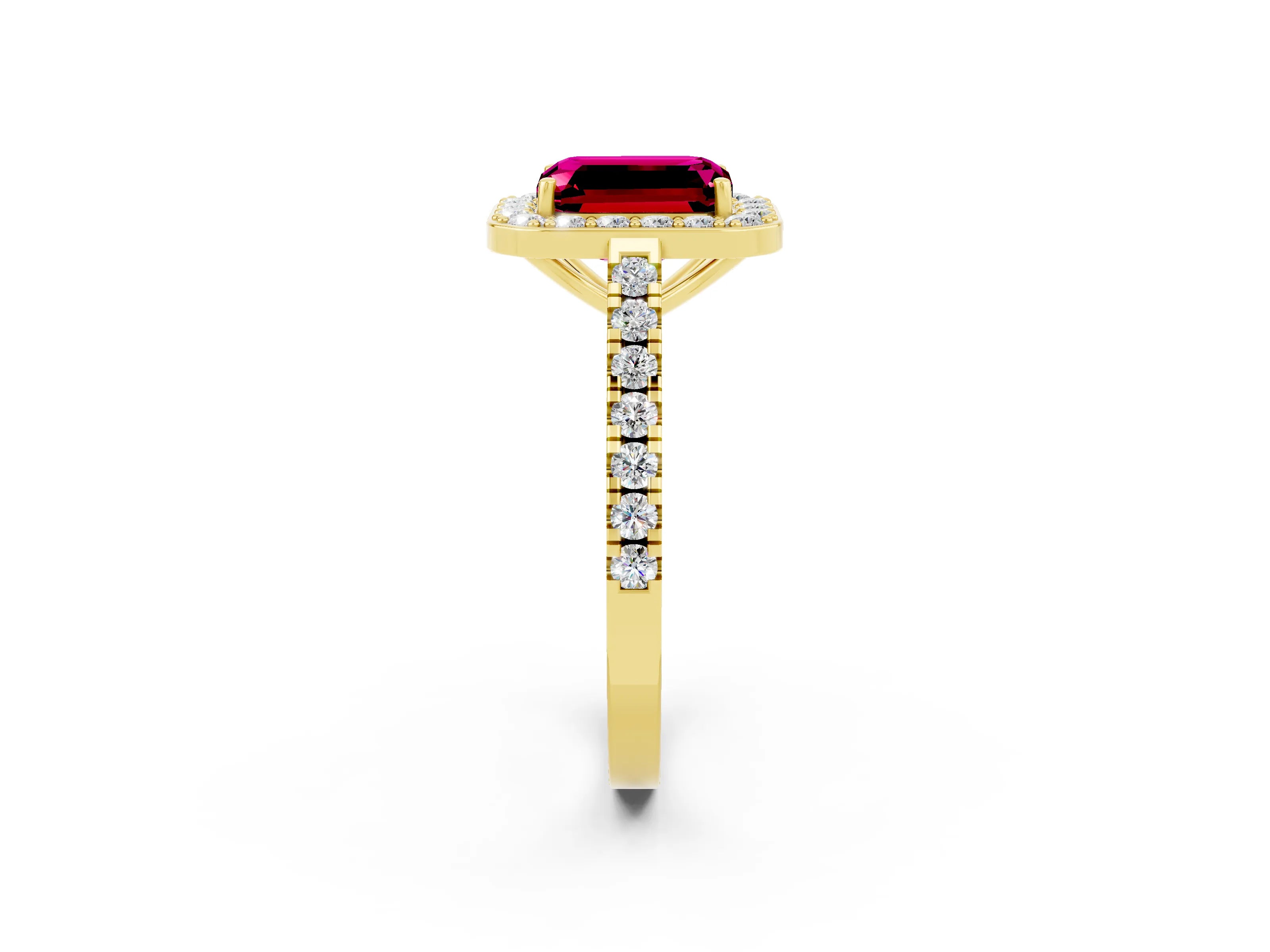 Yellow gold Emerald Cut Halo Diamond Ring with Pavé Band and Three-Prong Setting_2