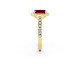Yellow gold Emerald Cut Halo Diamond Ring with Pavé Band and Three-Prong Setting_2