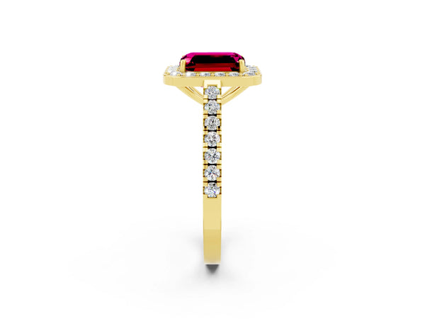 Yellow gold Emerald Cut Garnet Halo Ring with Round Pavé Split Shank and Prong Setting
