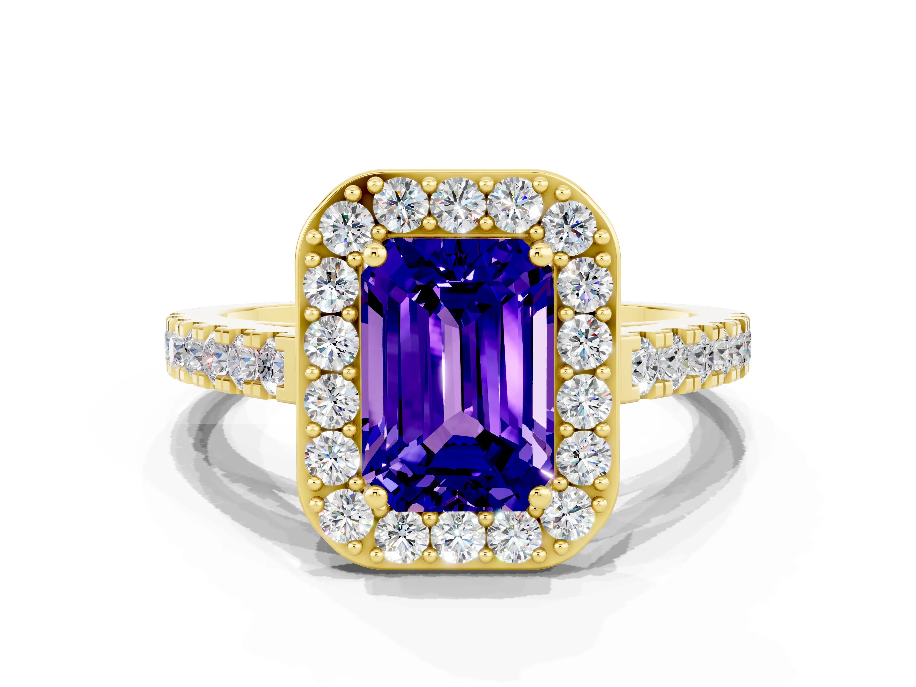Yellow gold Emerald Cut Halo Diamond Ring with Pavé Band and Three-Prong Setting