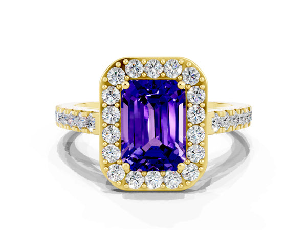 Yellow gold Emerald Cut Tanzanite Halo Ring with Round Pavé Split Shank and Prong Setting
