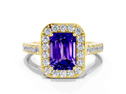 Yellow gold Emerald Cut Halo Diamond Ring with Pavé Band and Three-Prong Setting