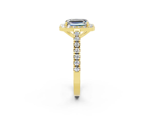 Yellow gold Emerald Cut Moissanite Halo Ring with Round Pavé Split Shank and Prong Setting