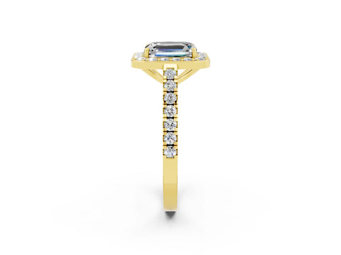 Yellow gold Emerald Cut Halo Diamond Ring with Pavé Band and Three-Prong Setting_2