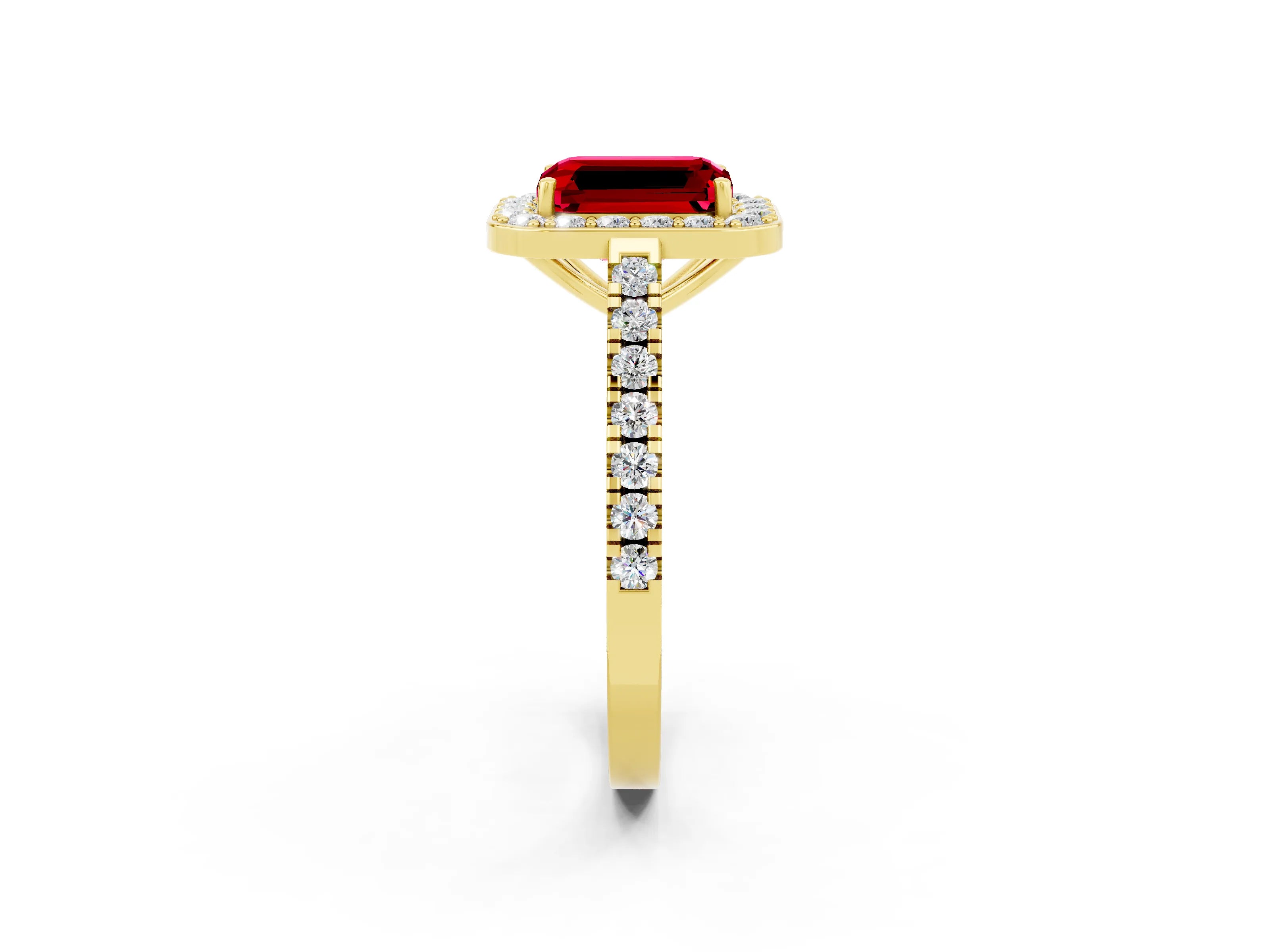 Yellow gold Emerald Cut Halo Diamond Ring with Pavé Band and Three-Prong Setting_2