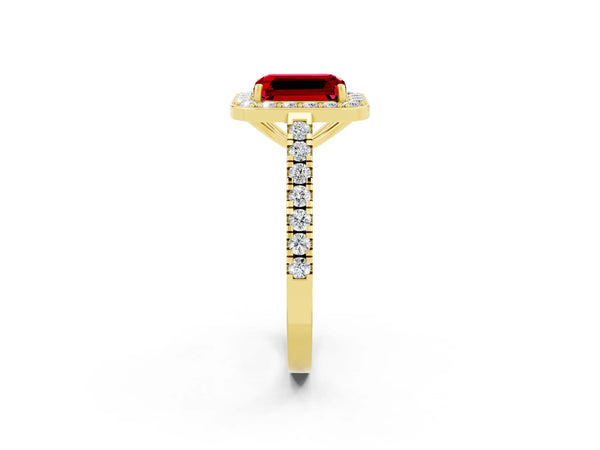 Yellow gold Emerald Cut Ruby Halo Ring with Round Pavé Split Shank and Prong Setting