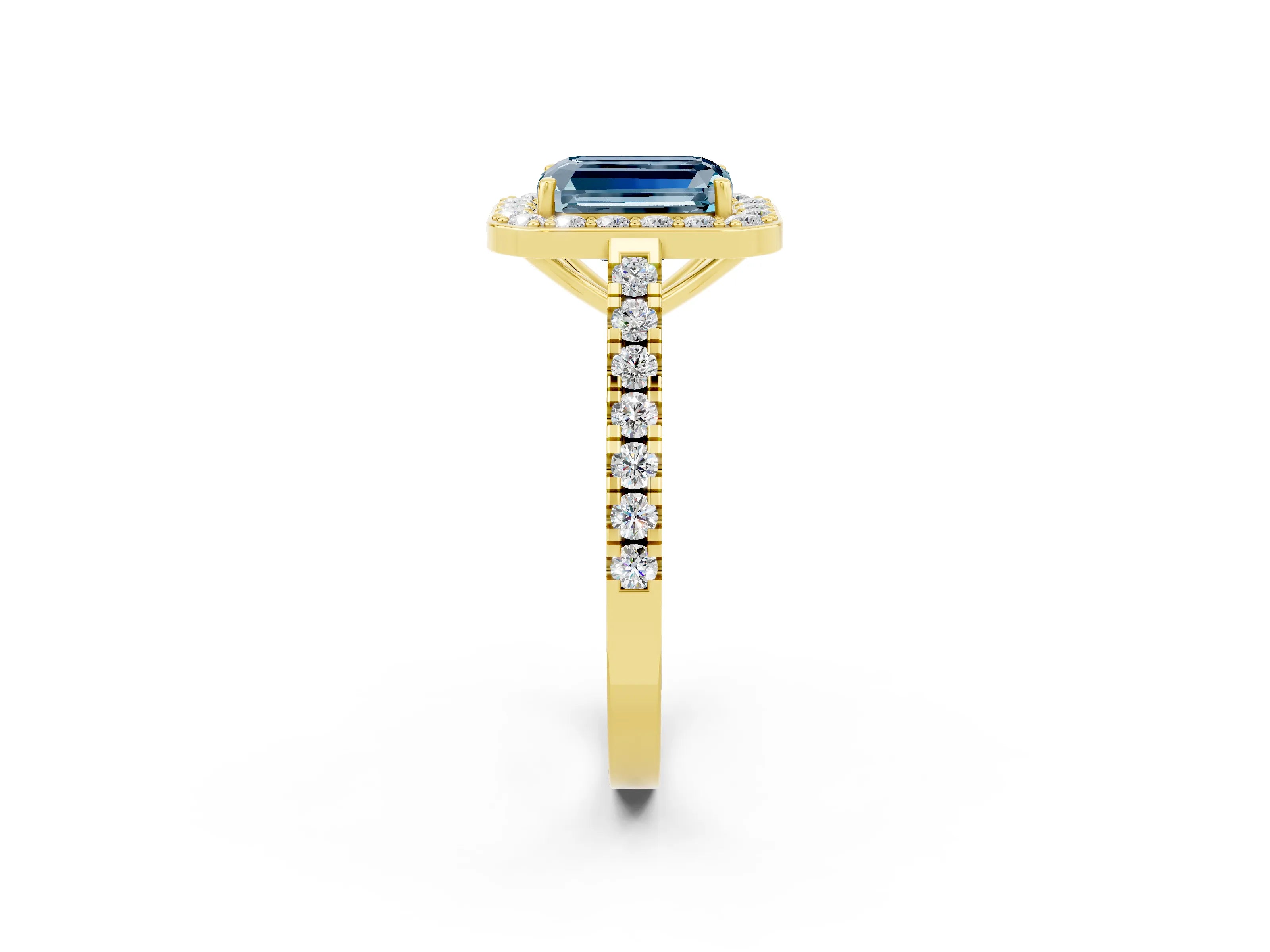 Yellow gold Emerald Cut Halo Diamond Ring with Pavé Band and Three-Prong Setting_2
