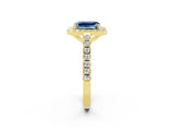 Yellow gold Emerald Cut Halo Diamond Ring with Pavé Band and Three-Prong Setting_2