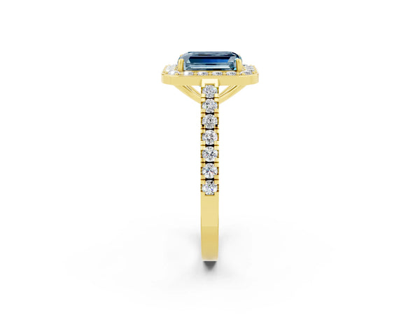 Yellow gold Emerald Cut Aquamarine Halo Ring with Round Pavé Split Shank and Prong Setting
