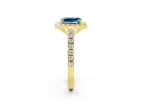 Yellow gold Emerald Cut Halo Diamond Ring with Pavé Band and Three-Prong Setting_2
