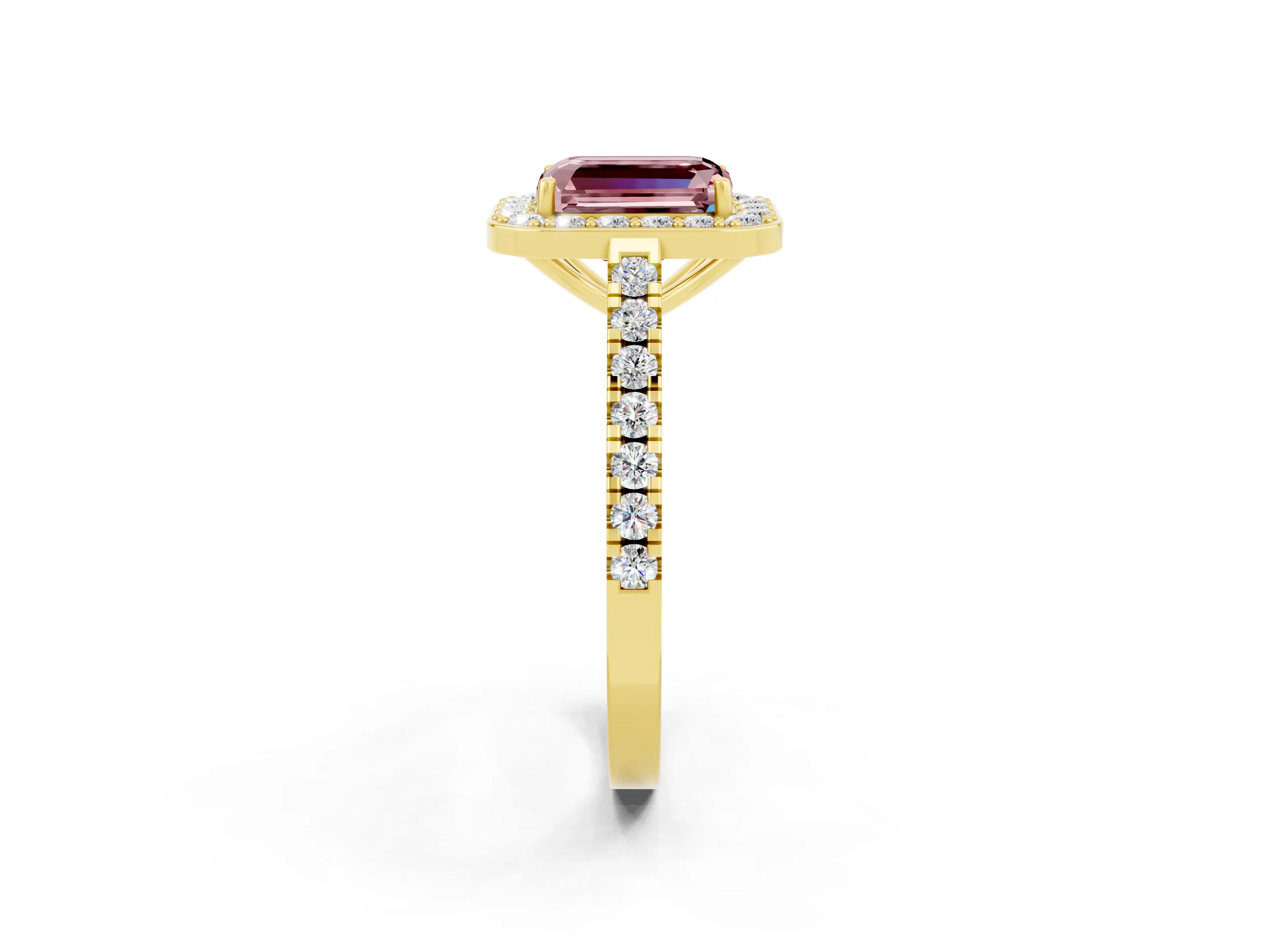 Yellow gold Emerald Cut Halo Diamond Ring with Pavé Band and Three-Prong Setting_2