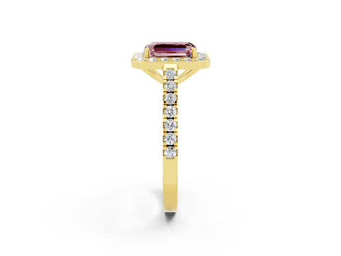 Yellow gold Emerald Cut Halo Diamond Ring with Pavé Band and Three-Prong Setting_2