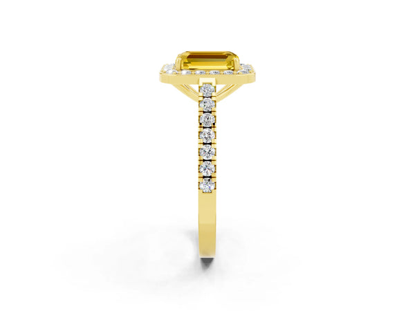 Yellow gold Emerald Cut Yellow Sapphire Halo Ring with Round Pavé Split Shank and Prong Setting