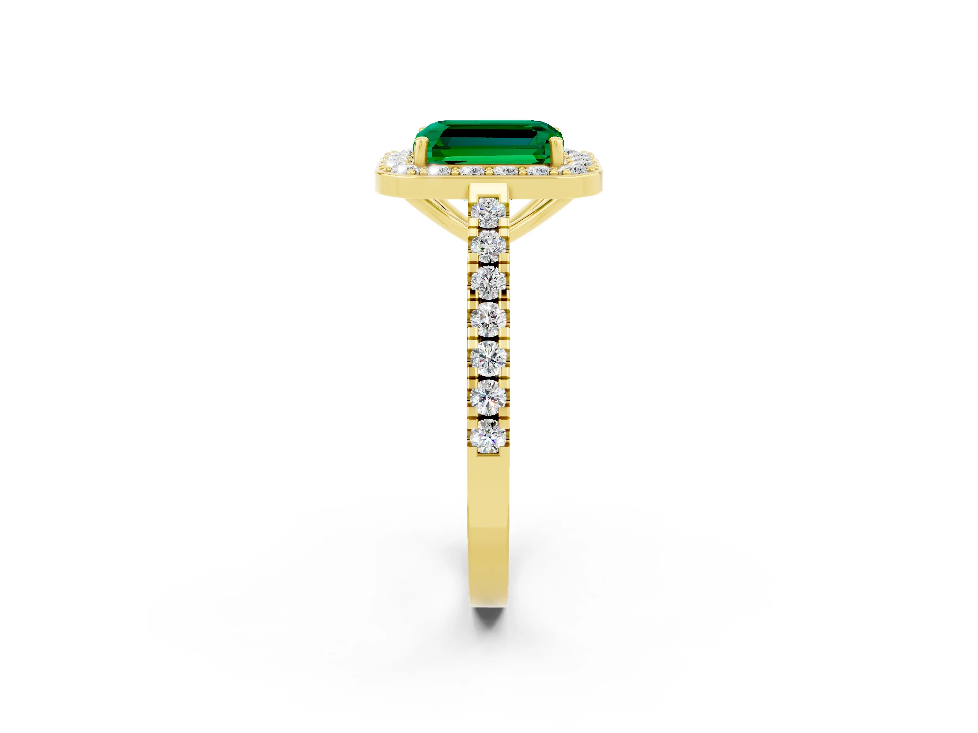 Yellow gold Emerald Cut Halo Diamond Ring with Pavé Band and Three-Prong Setting_2
