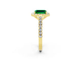 Yellow gold Emerald Cut Halo Diamond Ring with Pavé Band and Three-Prong Setting_2