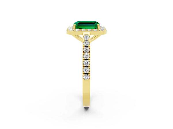 Yellow gold Emerald Cut Emerald Halo Ring with Round Pavé Split Shank and Prong Setting
