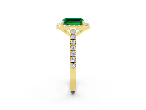 Yellow gold Emerald Cut Halo Diamond Ring with Pavé Band and Three-Prong Setting_2