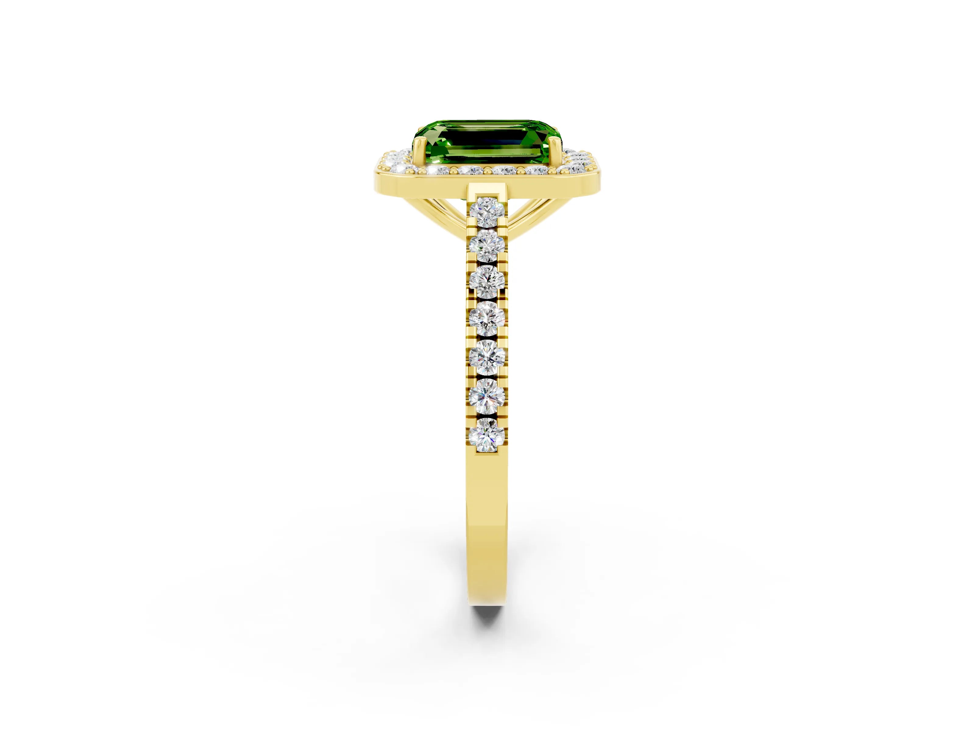 Yellow gold Emerald Cut Halo Diamond Ring with Pavé Band and Three-Prong Setting_2