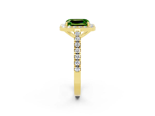 Yellow gold Emerald Cut Halo Diamond Ring with Pavé Band and Three-Prong Setting