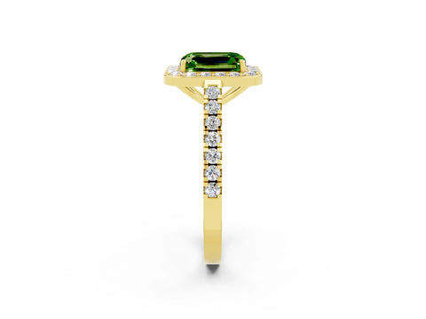 Yellow gold Emerald Cut Halo Diamond Ring with Pavé Band and Three-Prong Setting_2