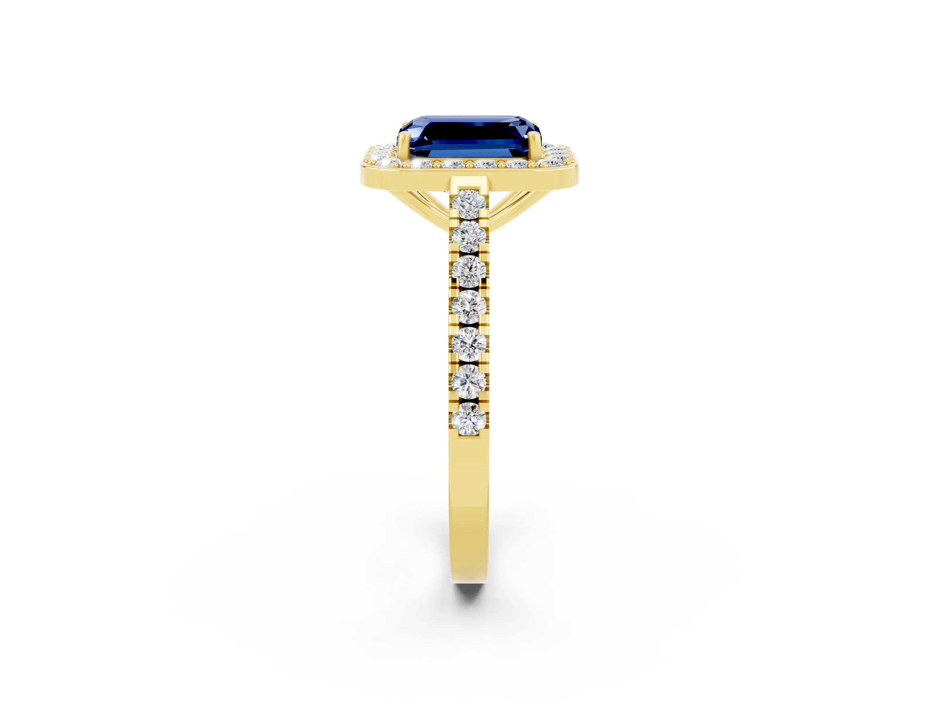 Yellow gold Emerald Cut Halo Diamond Ring with Pavé Band and Three-Prong Setting_2