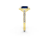 Yellow gold Emerald Cut Halo Diamond Ring with Pavé Band and Three-Prong Setting_2
