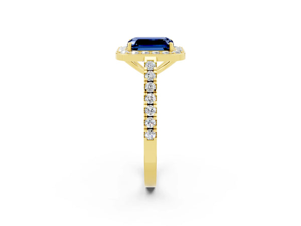 Yellow gold Emerald Cut Blue Sapphire Halo Ring with Round Pavé Split Shank and Prong Setting