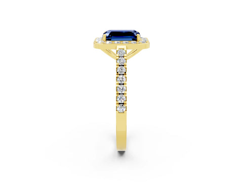 Yellow gold Emerald Cut Halo Diamond Ring with Pavé Band and Three-Prong Setting_2