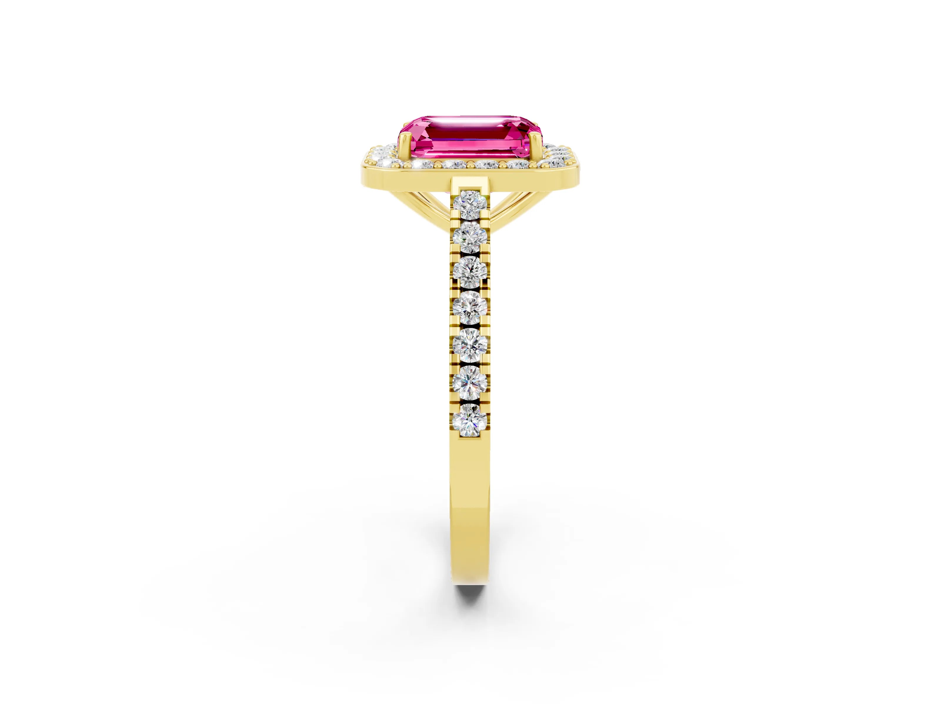 Yellow gold Emerald Cut Halo Diamond Ring with Pavé Band and Three-Prong Setting_2